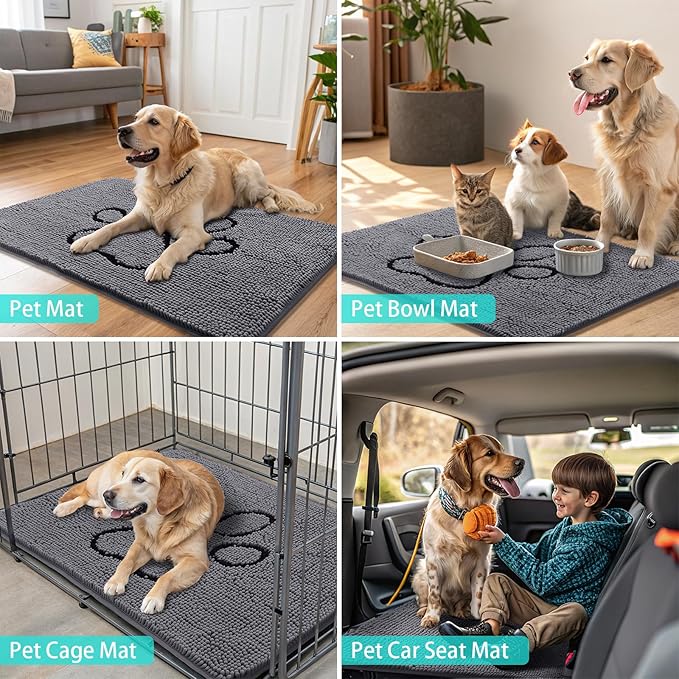 Smiry Dog Door Mat for Muddy Paws, Absorbent Dirt Trapper Non Slip Quick Dry Washable Chenille Mat for Mud Dogs, Entry Rug for Indoor and Outdoor (48x30 Inches, Dark Grey and Black)