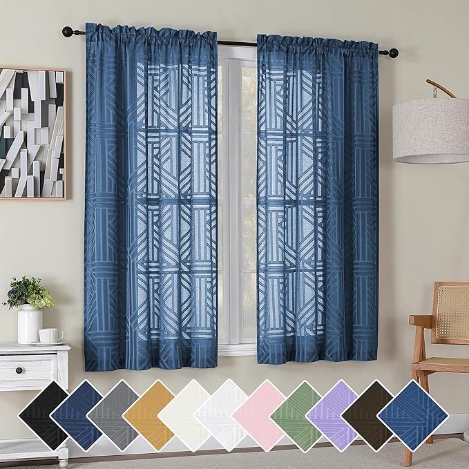 Simplebrand Dusty Blue Semi Sheer Curtains 63 Inch Length 2 Panels, Light Filtering Geometric Jacquard Clip Textured Short Sheer Curtains for Bedroom，Modern Elegant Window Curtains Drapes，42x63 inch