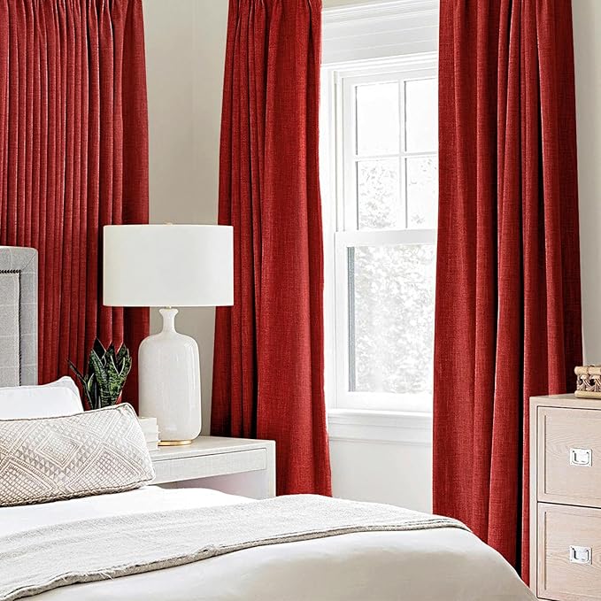 MIULEE 100% Blackout Linen Curtains for Bedroom Thermal Insulated Red Grommet Room Darkening Curtains & Drapes Christmas Decor for Living Room Nursery 52 x 96 Inch (2 Panels)