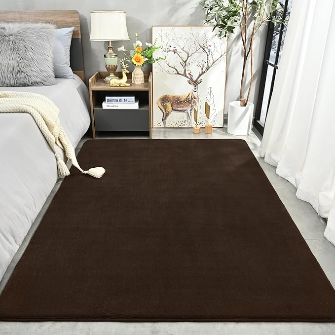 Amearea Modern Area Rugs for Bedroom Living Room, 4x6 Feet Brown Thickened Memory Foam Rug, Fluffy Indoor Washable Rugs Non Slip Minimalist Carpet for Kids Boys Girls Dorm Nursery Room Decor