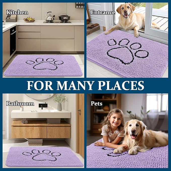 OLANLY Dog Door Mat for Muddy Paws 30x20, Paw Print Design, Absorbs Moisture and Dirt, Absorbent Non-Slip Washable Doormat, Quick Dry Chenille Mud Mat for Dogs, Entry Indoor Entryway Carpet, Lavender