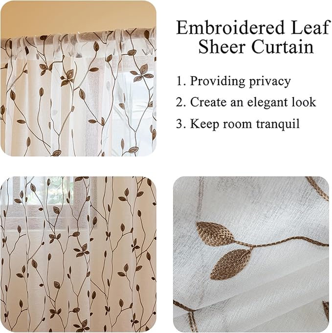 AmHoo 2 Panels Embroidered Leaf Pattern Semi Sheer Curtains Foliage Floral Voile Window Draperies Treatment for Bedroom Living Room Rod Pocket White Brown 53 x 84 Inch