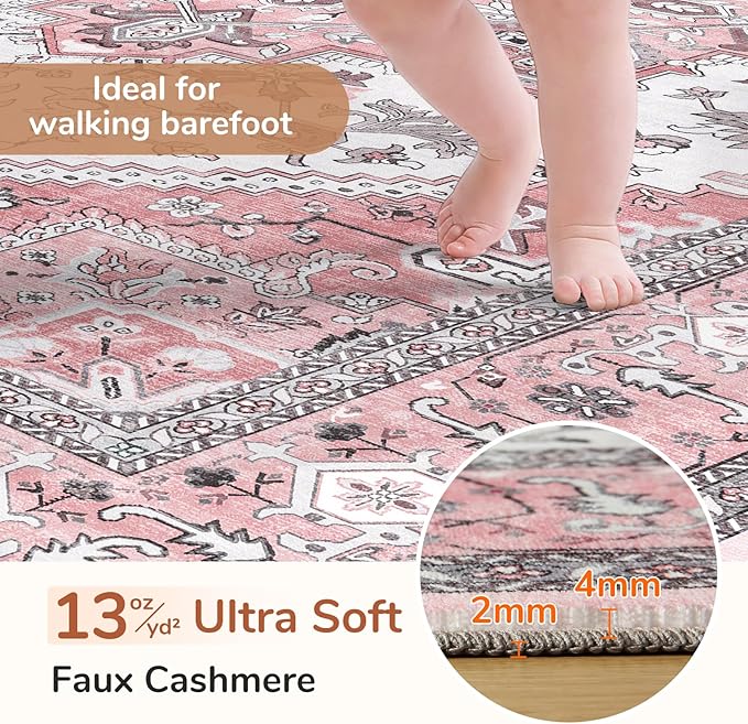 OPPODREAM Soft 8x10 Area Rugs, Washable Rugs 8x10 with Non Slip Backing, Faux Cashmere Low-Pile 8 x 10 Carpet, Pink & Cream