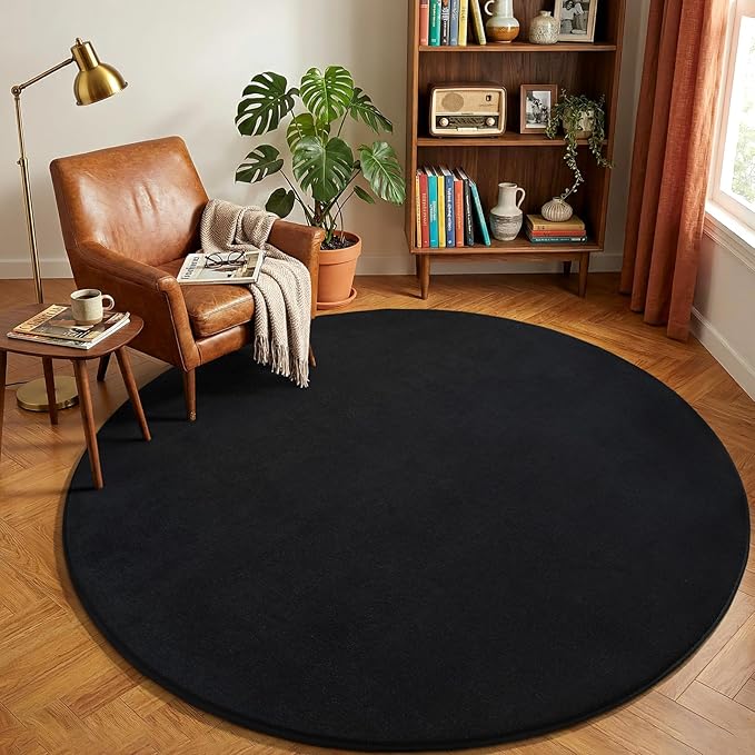 Amearea Black Round Area Rugs 4ft Washable Circle Rugs for Bedroom Living Room, Fluffy Indoor Thickened Memory Foam Rug, Non Slip Minimalist Circular Carpet for Kids Boys Girls Dorm Nursery Room Decor