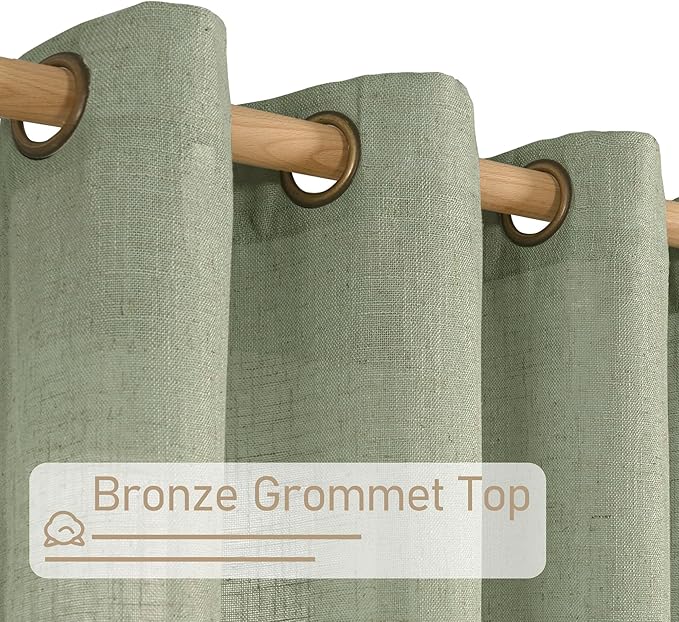 LAMIT Sheer Linen Curtains 63 inches Long for Bedroom, Bronze Grommet Linen Drapes Light Filtering Semi Sheer Curtains for Small Window/Farmhouse, 2 Panels (52 x 63 Inch, Sage Green)