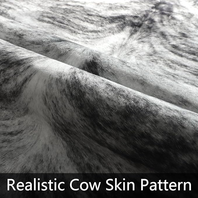 AROGAN Western Decor Faux Fur Cowhide Rug, 6.2 x 5.2 Feet Premium Animal Skin Cow Hide Rug, Sturdy Cow Print Rugs for Wall Decor, Western Floor Carpet for Bedroom Living Room, Black and Grey