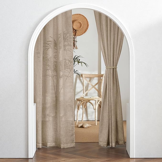 RYB HOME Sheer Linen Curtains 90 inches Long, Rod Pocket & Back Tab Linen Blend Elegant Light Filtering Privacy UV Protected Panels for Living Room, Khaki, 52" W, 2 Panels