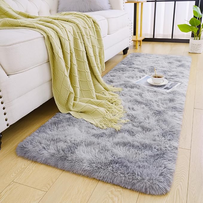 Chicrug Soft Runner Rugs for Bedroom Living Room Plush Fluffy Rug 2x10 Feet, Shag Furry Area Rug Carpet Non Shedding for Nursery Children Kids Girls Room Home Decorative, Grey and White