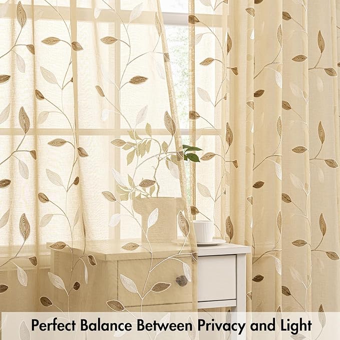 MIULEE Khaki Sheer Curtains 2 Panels Embroidered Leaf Patterned Rod Pocket Floral Semi Sheer Faux Linen Window Curtains Drapes Set for Living Room Bedroom Dining Room, 52x63 Inches Long