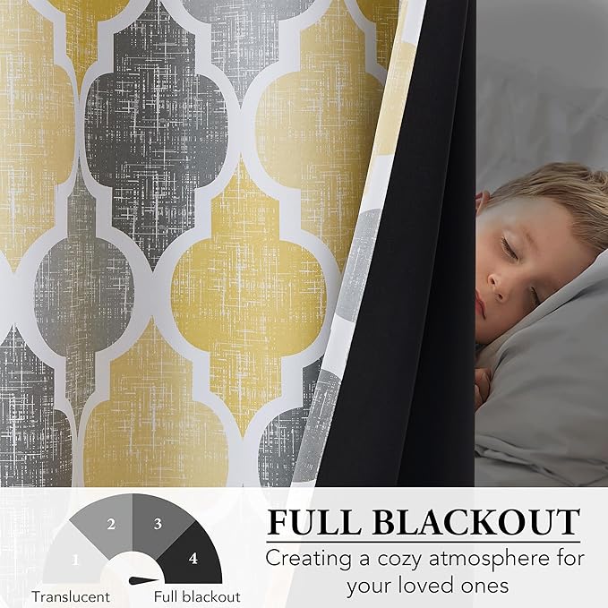 Beauoop 100% Blackout Curtains 45 Inches Long 2 Panels for Bedroom Living Room Yellow Grey Moroccan Geo Room Darkening Thermal Insulated Soundproof Grommet Top Window Treatments Drapes, 50x45 Set of 2