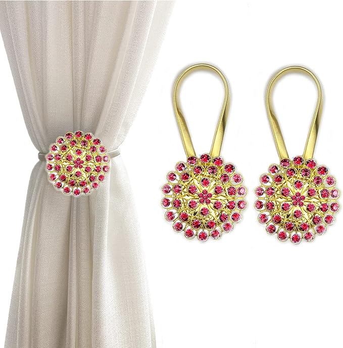 Magnetic Tiebacks for Curtains, 2 Pack Sparkling Crystal Flower Curtain Tiebacks Curtain Buckle Clips with High-Elastic Spring Wire for Home Office Decoration (Yellow & Red)