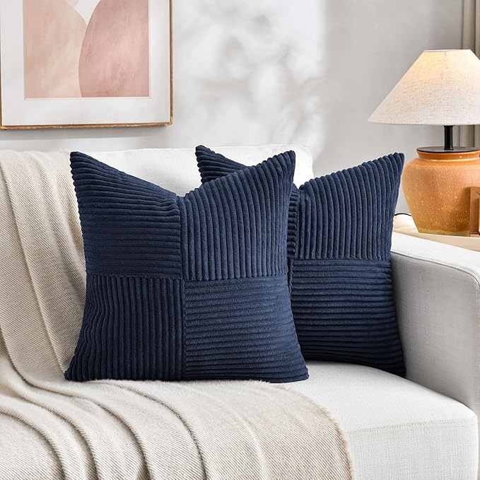 Fancy Homi 2 Packs Navy Blue Euro Decorative Throw Pillow Covers 28x28 Inch for Living Room Couch Bed, Farmhouse Boho Home Decor, Soft Corss Corduroy Patchwork Textured Square Cushion Case 71x71 cm
