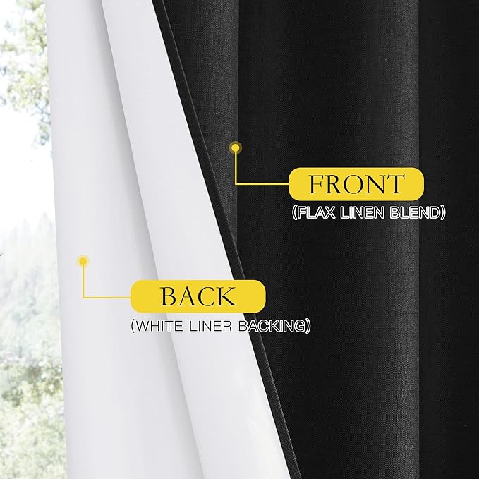 NICETOWN Vintage Open Linen Weave Flax Thermal Curtains, 100% Blackout Curtains 54" Long for Dining Room, Soundproof Window Treatment Drapes for Cafe, Black, 42" Wide Per Panel, Set of 2