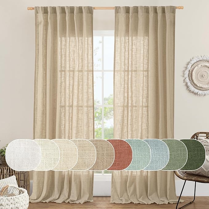 LAMIT Brown Linen Curtains 84 inches for Bedroom, Faux Linen Textured Light Filtering Drapes Back Tab and Rod Pocket Boho Burlap Panels for Farmhouse/Living Room, 2 Panels, 52 x 84 Inch