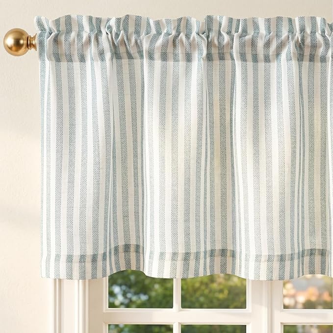 jinchan Linen Stripe Valance for Window 16 Inch Modern Rustic Farmhouse Valance for Kitchen Living Room Bathroom Window Treatment Light Filtering Rod Pocket 1 Panel Aqua Blue on Linen
