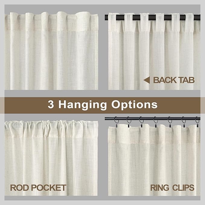 Natural Linen Curtains 108 Inches Long for Living Room 2 Panels Set Loop Pocket Back Tab Draperies Neutral Earth Tone Soft Cotton Textured Semi Sheer Linen Curtains for Large Window Vertical 9 FT Tall
