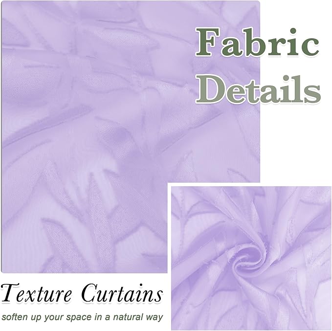 Lecloud Leia Light Purple Semi Sheer Curtains 45 Inch Length, Balance Light & Privacy Jacquard Textured Leaf Voile Curtains for Living Room, Dual Rod Pockets Bedroom Short Drapes, 38x45 Inches