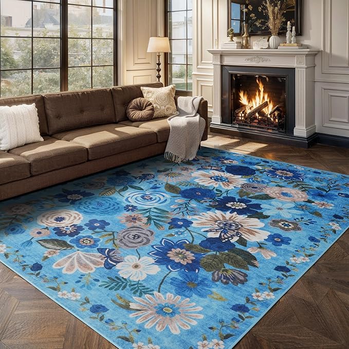 Area Rugs 9x12 Living Room Washable Rug Non Slip Floral Low Pile Large Rug for Living Room, Bedroom, Farmhouse, Dining Room, Kids Playroom(9 x 12, Blue Garden)