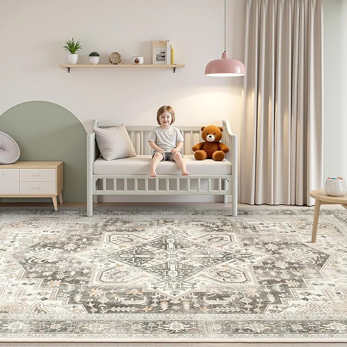 Rugflix 9x12 Area Rugs for Living Room, Machine Washable Rug Non Slip Stain Resistance, Large Rug Vintage Distressed Soft Carpet for Bedroom, Dining Room, Home Office, Beige Grey