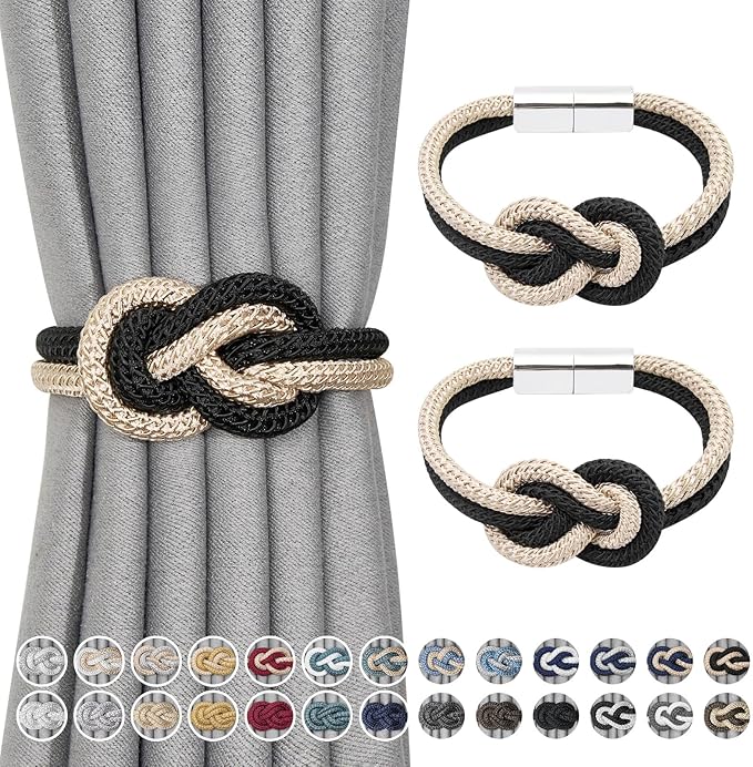 NICEEC 2 Pack Mini Magnetic Curtain Tiebacks Nordic Simple Style Drape Tie Backs Elegant Hand Weave Rope Knot Decorative Curtain Holdbacks for Home & Office Thin Window Drapery (Black & Beige)