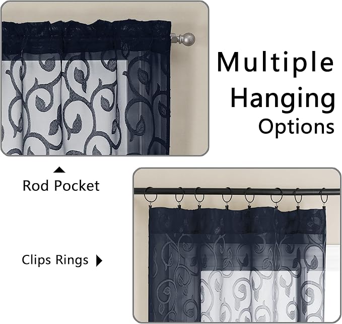 OWENIE Furman Sheer Curtains 54 Inch Length 2 Panels Set for Living Room Bedroom, Airy Jacquard Clip Short Curtains for Small Window, Rod Pocket Bathroom Window Curtain Each 42W inch 54L, Navy Blue