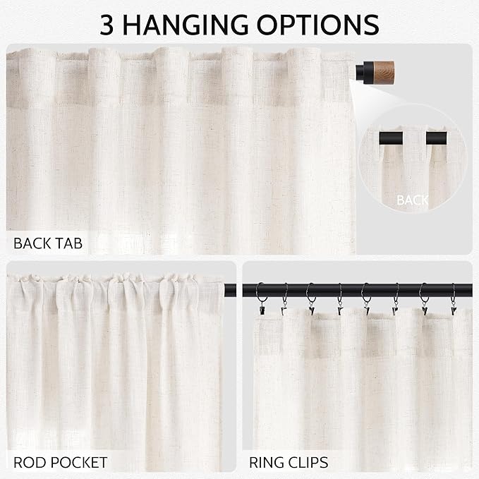 Ivory White Linen Curtains 132 Inch Length for Living Room Light Filtering Semi Sheer Curtain Back Tab Neutral Modern Farmhouse Decor Drapes Floor to Ceiling High Window for Bedroom 52x132, 2 Panels