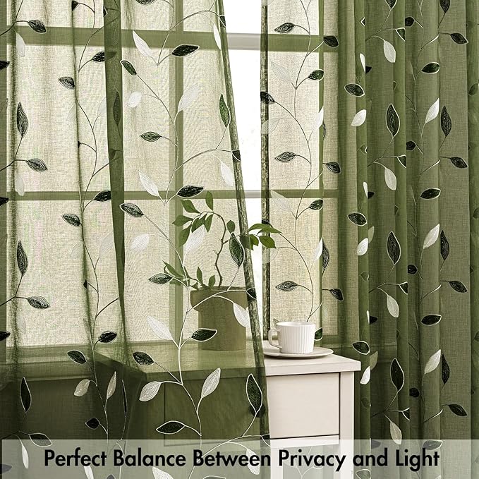 MIULEE Olive Green Sheer Curtains 2 Panels Embroidered Leaf Patterned Rod Pocket Floral Semi Faux Linen Window Curtains Drapes Set for Living Room Bedroom Dining Room, 52x84 Inches Long