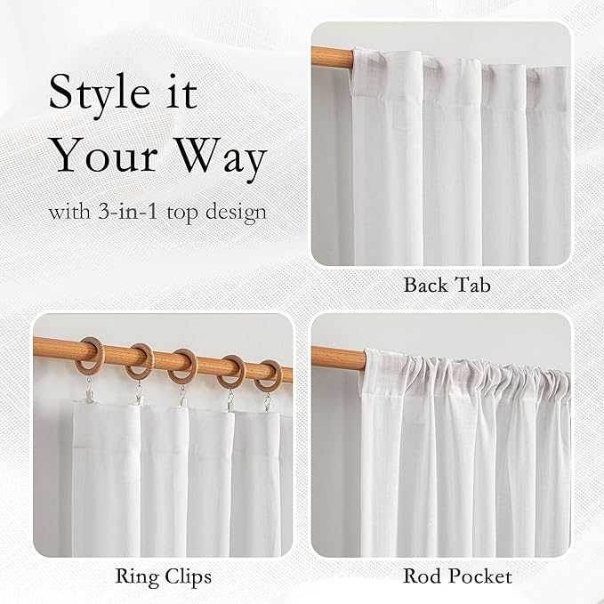 MYSKY HOME Floor to Ceiling Curtains 108 Inches White Sheer Window Drapes for Sliding Glass Door Back Tab Draperies Linen Look Boho Fabric, Soft Cotton Blend Light Filtering for Living Room, 1 Pcs