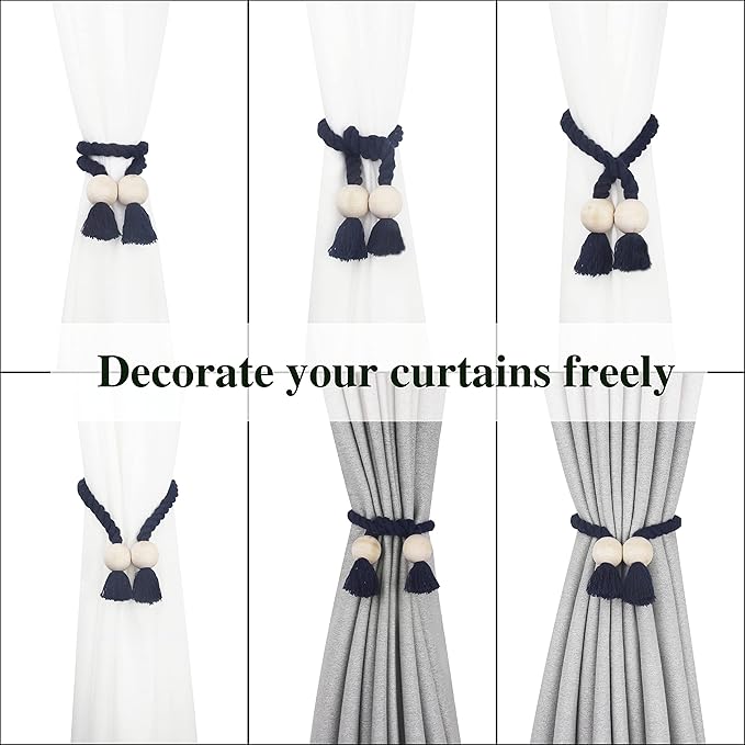 4 Pack Magnetic Curtain Tiebacks Cotton Hand Woven Tie Back Decorative Rope Holdbacks for Curtains Draperies No Tools Required, Navy