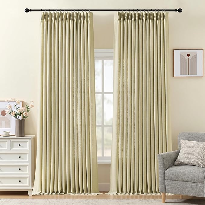 IVAPUPU Pinch Pleated Linen Curtains 102 Inches Long 2 Panels for Living Room, Light Filtering Pleat Sheer Curtain with Hooks Rings Back Tab Drapes for Bedroom Dining Room, 40Wx102L, Grey Beige