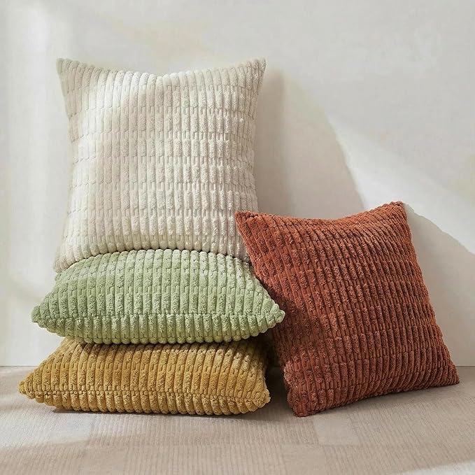 Fancy Homi 4 Packs Boho Fall Euro Decorative Throw Pillow Covers 28x28 Inch for Living Room Couch Bed, Rustic Farmhouse Home Decor, Soft Plush Striped Corduroy Square Colorful Cushion Case 71x71 cm