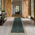Hazo Haus Dark Green Kitchen Rug 10 ft Long - Modern Vintage Boho Unique Floral with Gold Accent, Washable Low Pile Non-Slip Extra Long Wide Runner Rugs for Hallway, 3x10