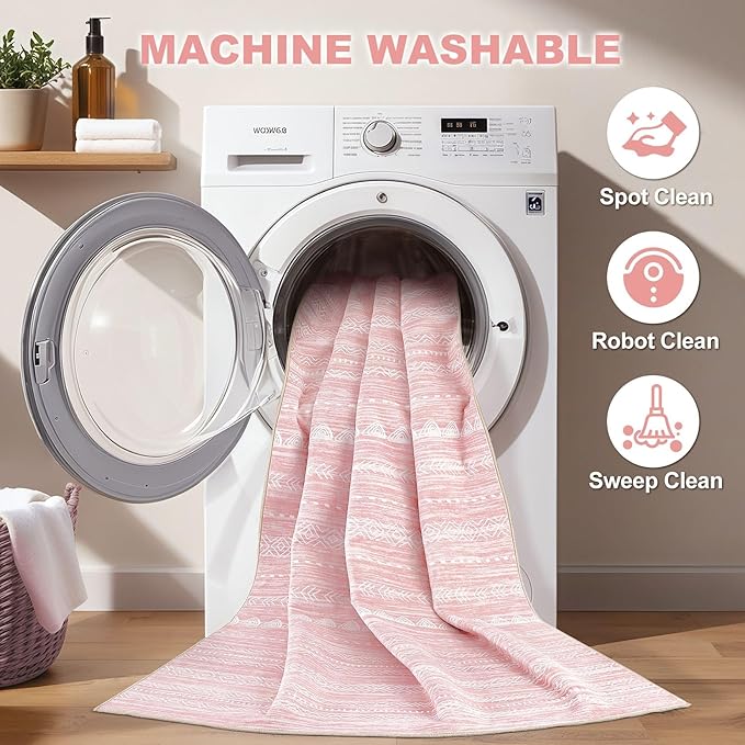 Nakagishi Pink Rugs for Bedroom Girls: 6x9 Washable Boho Large Neutral Cute Soft Area Rug Modern Indoor Floor Non Slip Accent Carpet for Living Room Nursery Kids Playroom Preppy Room Dorm Baby Room
