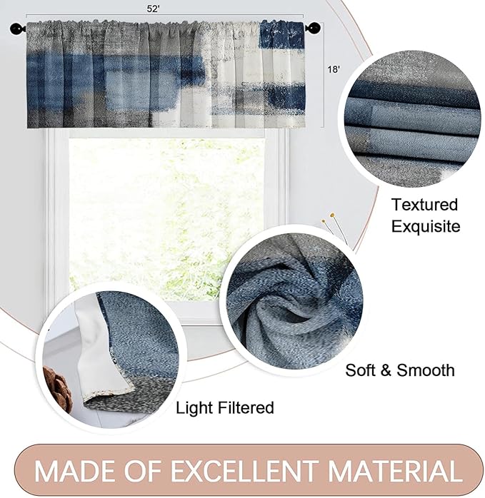 Emvency 4 Pack Valances Window Treatments, Blue and Grey Abstract Modern Art Blackout Drapes Adjustable Curtain for Windows Living Room Kitchen Over Sink, 52x18 Inch Rod Pocket Valances