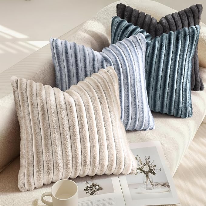 decorUhome Cozy Faux Fur Throw Pillow Covers 18x18 Set of 2 Decorative Soft Plush Striped Modern Farmhouse Boho Couch Pillow Cases with Velvet Back for Sofa Bed Living Room, Dark Grey
