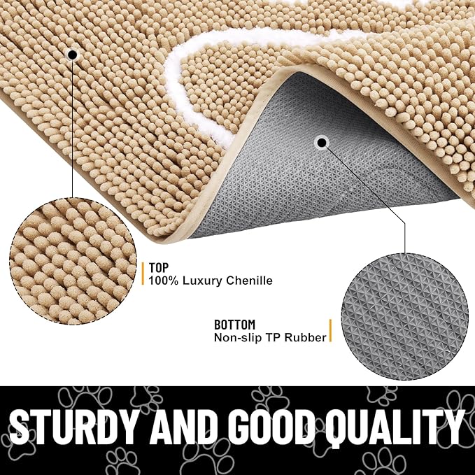 Smiry Dog Door Mat for Muddy Paws, Absorbent Dirt Trapper Non Slip Quick Dry Washable Chenille Mat for Mud Dogs, Entry Rug for Indoor and Outdoor (36x24 Inches, Beige and White)