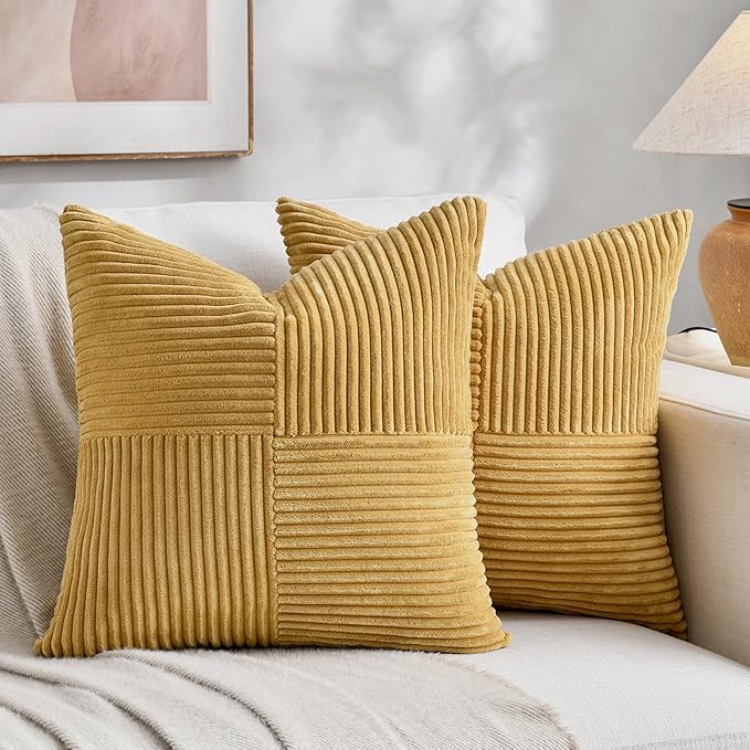 Fancy Homi 2 Packs Mustard Yellow Euro Decorative Throw Pillow Covers 28x28 Inch for Couch Bed, Farmhouse Boho Home Decor, Soft Corss Corduroy Patchwork Textured Square Cushion Case 71x71 cm