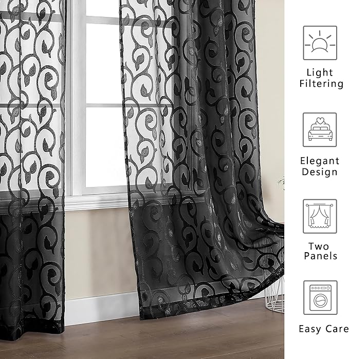 OWENIE Furman Black Sheer Curtains - 54 Inch Length, 2 Panels Set for Living Room, Bedroom, Bathroom - Airy Jacquard Clip Curtains with Pattern, Each 42Wx54L inch