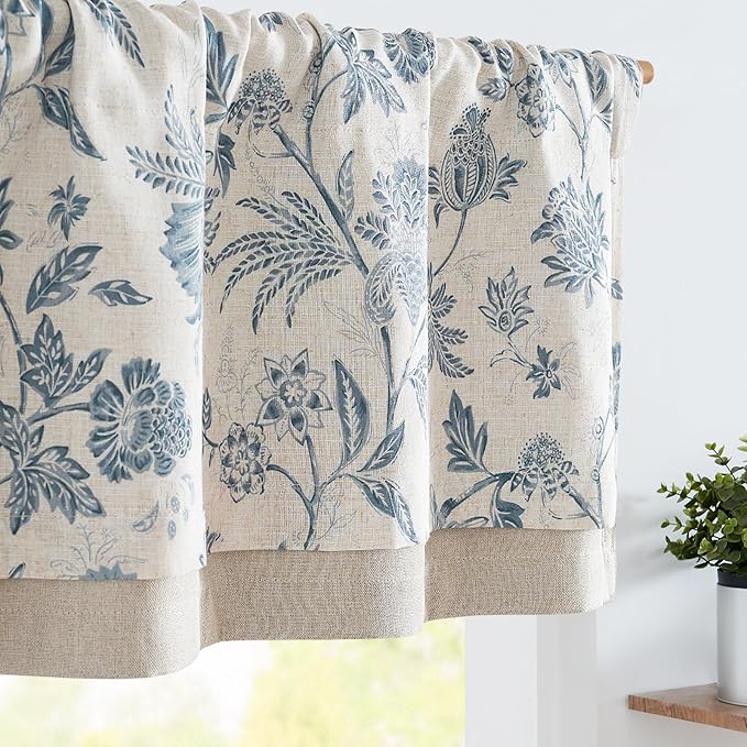 jinchan Floral Valance Curtain Linen Kitchen Valance for Windows 16 Inch Farmhouse Light Filtering Floral Short Window Treatment for Living Room 1 Panel Rod Pocket Double Layer Blue on Beige