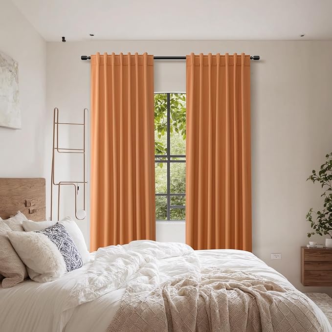 Guken Orange 100% Blackout Linen Curtains 96 Inch Length 2 Panels Set for Living Room Bedroom Back Tab/Rod Pocket Thermal Insulated Black Out Drapes Room Darkening Window Curtains 96 Inches Long