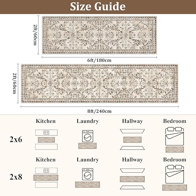 Yamaziot Washable Runner Rug 2x6 – Non Slip Boho Floral Hallway Runner Rug with Rubber Backing, Low Pile Faux Wool Distressed Carpet for Kitchen, Laundry, Bedroom, Entrance, Brown