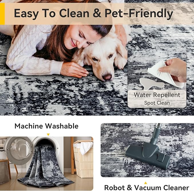 Washable Area Rugs 3'x5' Non-Slip Modern Abstract Soft for Living Room Entryway Bedroom Nursery, Print Pattern, Black Navy Blue Gray