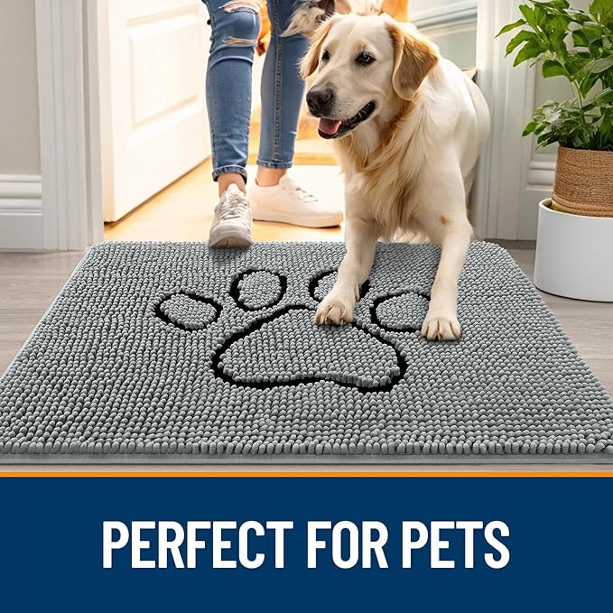 OLANLY Dog Door Mat for Muddy Paws 34x21, Paw Print Design, Absorbs Moisture and Dirt, Absorbent Non-Slip Washable Doormat, Quick Dry Chenille Mud Mat for Dogs, Entry Indoor Entryway Carpet, Grey