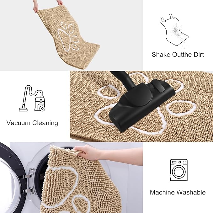 Smiry Dog Door Mat for Muddy Paws, Absorbent Dirt Trapper Non Slip Quick Dry Washable Chenille Mat for Mud Dogs, Entry Rug for Indoor and Outdoor (59x32 Inches, Beige and White)