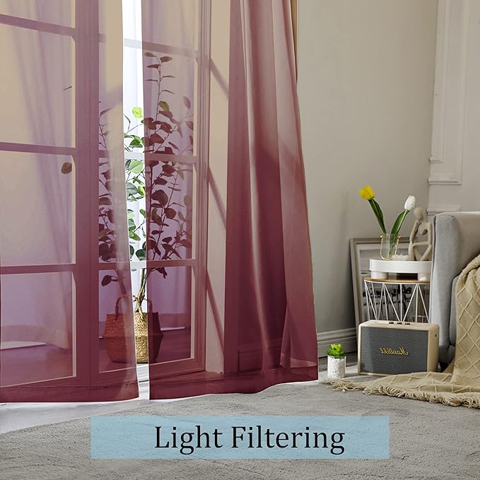 OWENIE Sheer Curtains, Sheer Curtains 84 inch Length 2 Panels Set, Rod Pocket Voile Fimly Sheer Drapes for Living Room/Bedroom, 2pcs, Each 42" W x 84" L, Burgundy