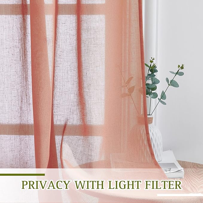 NICETOWN Semi Sheer Linen Curtains, Grommet Top Rustic Linen Burlap Curtains Privacy with Light Through Vertical Drapes for Bedroom/Home Office, Burnt Orange, W52 x L84, 1 Pair