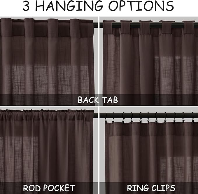 Nanspring Coffee Linen Boho Curtains for Bedroom Back Tab Rod Pocket Semi Sheer Linen Curtains 90 Inches Long 2 Panel Set Light Filtering Neutral Farmhouse Lightweight Drapes for Living Room 52x90