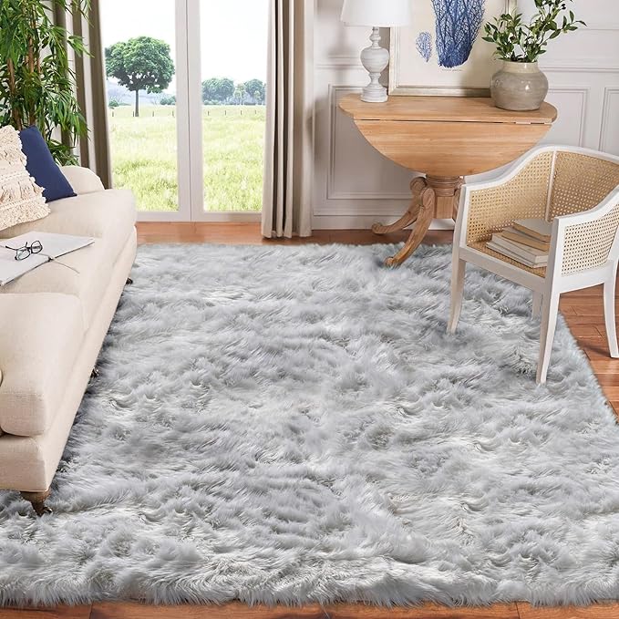 Goolela Grey Area Rug 9x12 Fluffy Fuzzy Furry Rug for Bedroom Living Room Faux Sheepskin Fur Plush Soft Rectangle