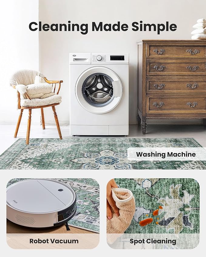 AMADA HOMEFURNISHING 2'6"x8' Washable Area Rug, Low-Profile Entryway Rug with Non-Slip Backing & Durable Edge Binding, Vintage Rug Pattern, Small Rugs for Entryway, Kitchen & Living Room