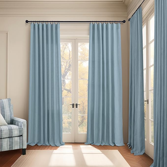 Light Blue Curtains 38 Inch Wide for Living Room 2 Panels Back Tab Pocket Light Reducing Semi Sheer Linen Long Skinny Small Country Blue Curtains for Bedroom Side Windows Grey Blue Width 38x84 Length